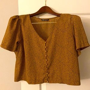 Brown Abstract Print Button Up Crop